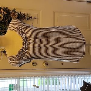 Olivia Moon navy blue white stripe sleeveless top gathered neck stretch M EUC…